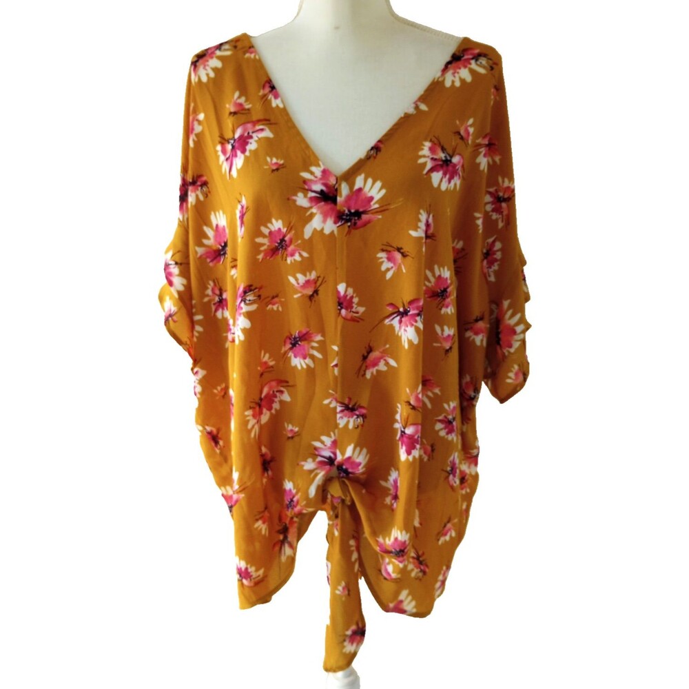 Knot Tie Front Tunic Blouse 3X Brown Gold Pink Floral VNeck Casual Lightweight